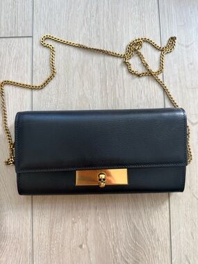 Alexander McQueen Black Leather Clutch Wallet on Chain with Gold Skull. Like New